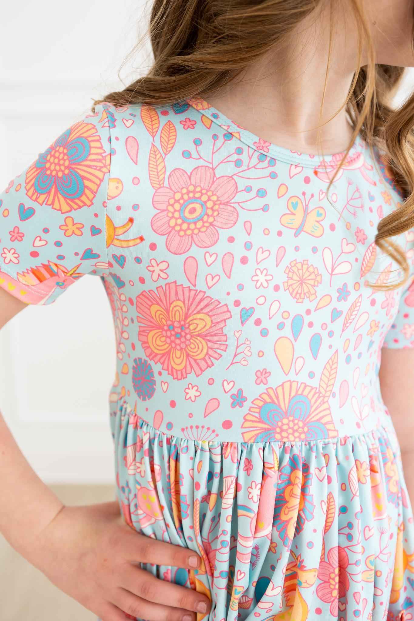 SALE Blue Retro Unicorns S/S Pocket Twirl Dress