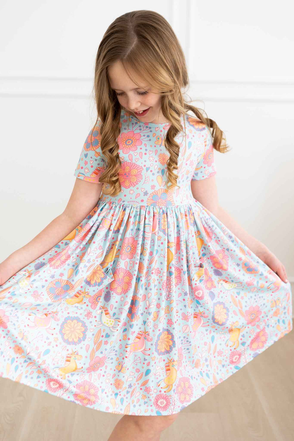 SALE Blue Retro Unicorns S/S Pocket Twirl Dress