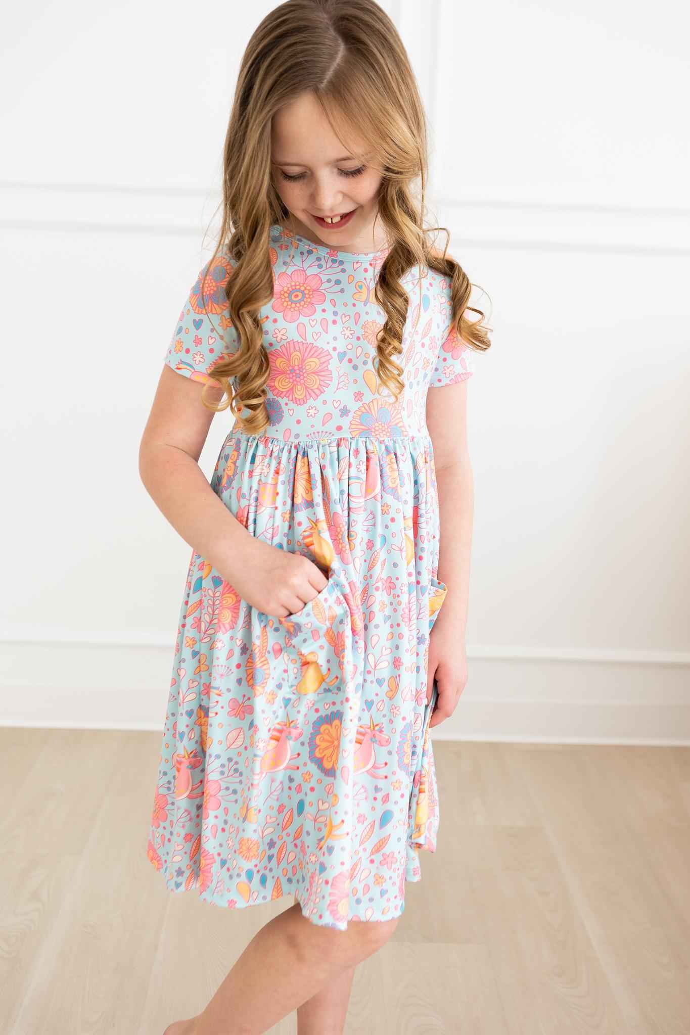 SALE Blue Retro Unicorns S/S Pocket Twirl Dress