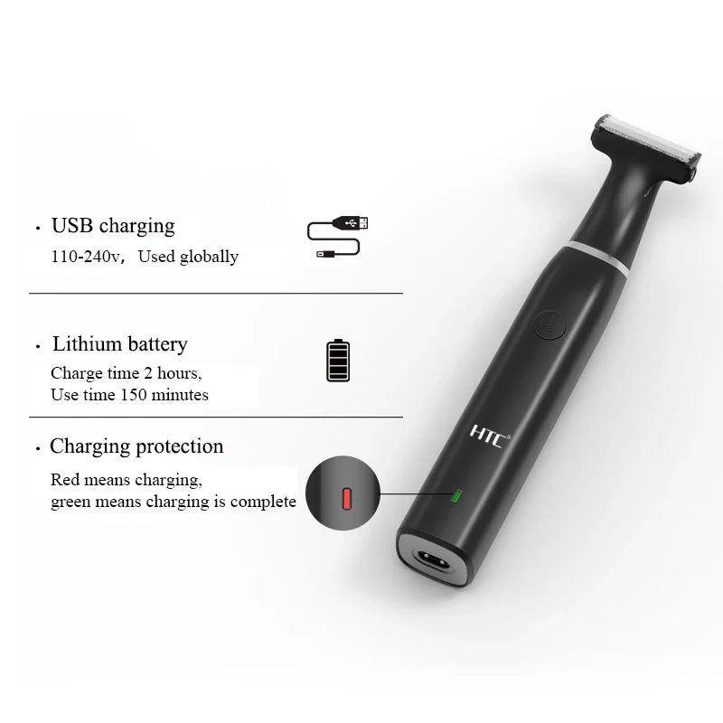 HTC Men's Electric Groin Hair Trimmer Pubic Hair Trimmer Body Grooming Clipper for Men Bikini Epilator Rechargeable Shaver Razor