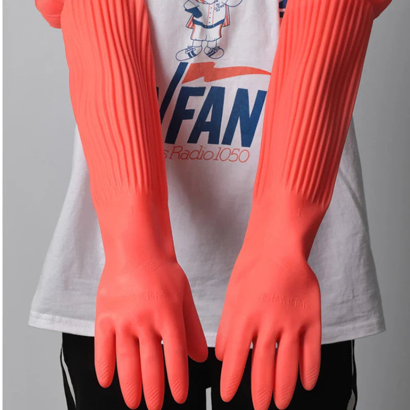 1 Pair Silicone Dishwashing Gloves – Rubber Scrubber Gloves for Household Kitchen Cleaning, Long & Durable